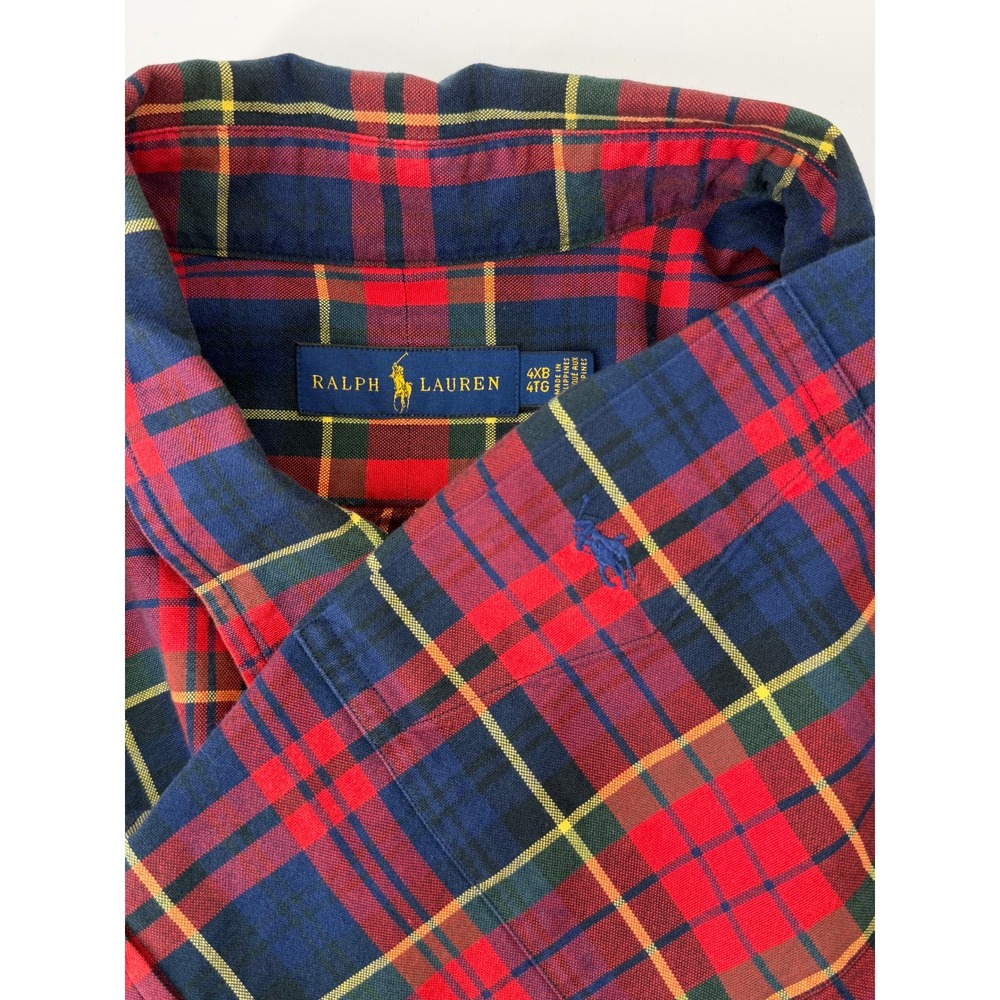 Ralph Lauren Mens 4XB Red Navy Blue Plaid Cotton Button Down Shirt Big & Tall